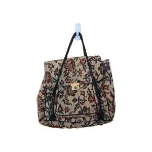 Vintage 1960s 1970s Tapestry Carpet Bag Purse Gold &Leather Accents Floral 12x12